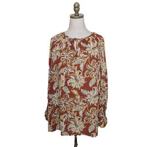 Belle Boho Kim Gravel Long Sleeve Peasant Style Blouse Plus Size 2X Brown Floral